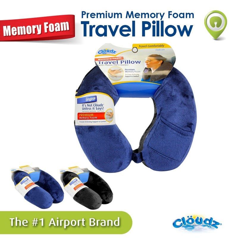 Cloudz Memory Foam Travel Neck Pillow with Snap & Pocket - Blue - Image 3